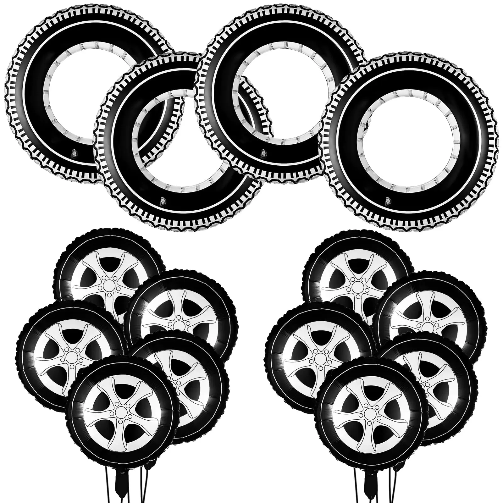 14 Pcs Car Decorations Racing Cars Birthday Party Supplies 4 Tire Tube Swim Ring Inflatable Tire Floats for Pool with 10 Balloons 18 Inch Race Car Balloons for Birthday Car Themed Party (Wheel Style)