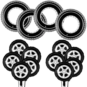 14 Pcs Car Decorations Racing Cars Birthday Party Supplies 4 Tire Tube Swim Ring Inflatable Tire Floats for Pool with 10 Balloons 18 Inch Race Car Balloons for Birthday Car Themed Party (Wheel Style)