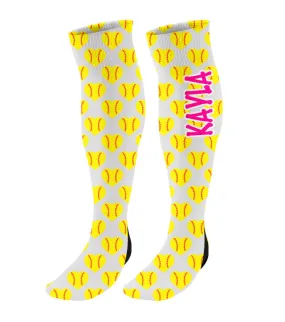 Personalized Softball Fastpitch Knee High Socks with Mini Softballs
