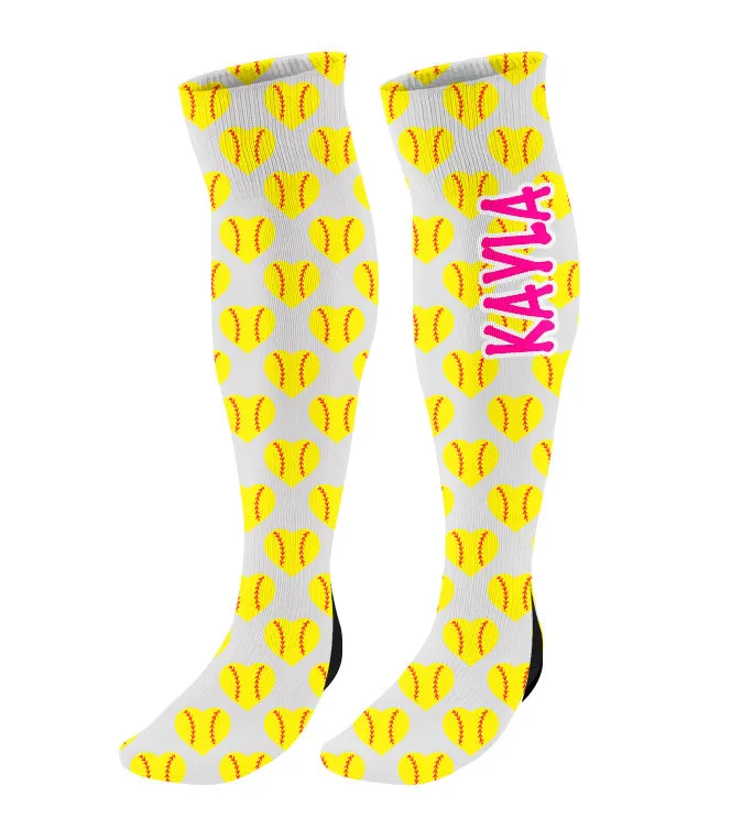 Personalized Softball Fastpitch Knee High Socks with Mini Softballs