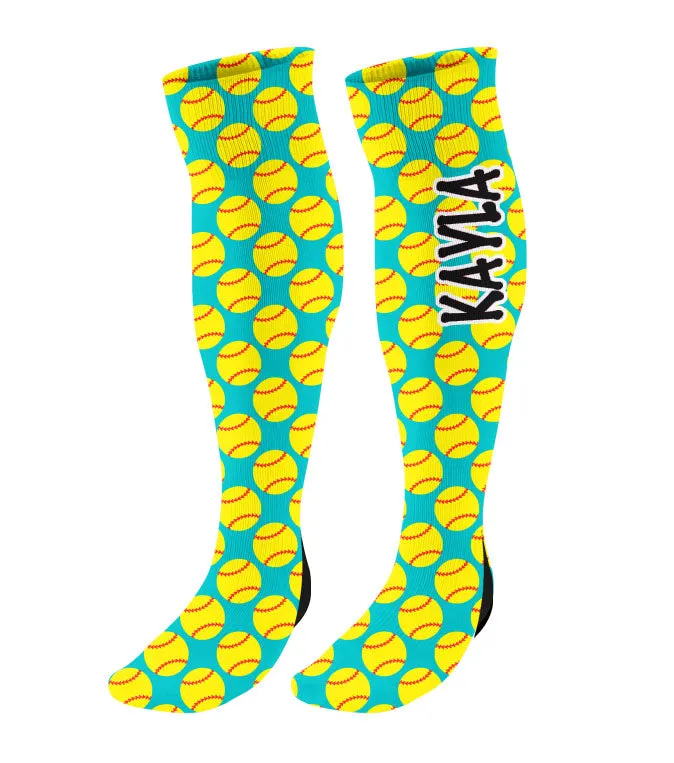Personalized Softball Fastpitch Knee High Socks with Softball Hearts