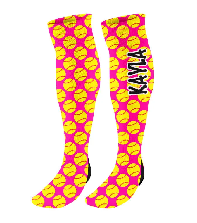 Personalized Softball Fastpitch Knee High Socks with Softball Hearts