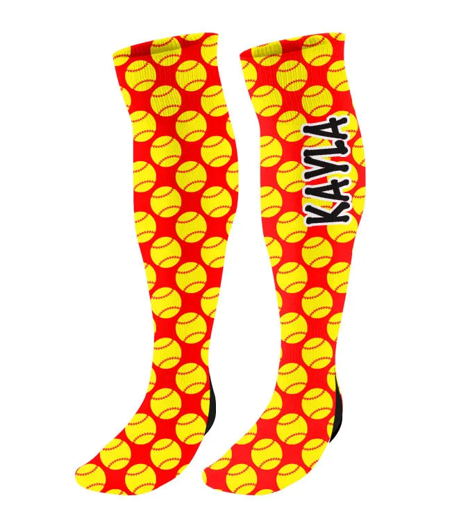 Personalized Softball Fastpitch Knee High Socks with Softball Hearts